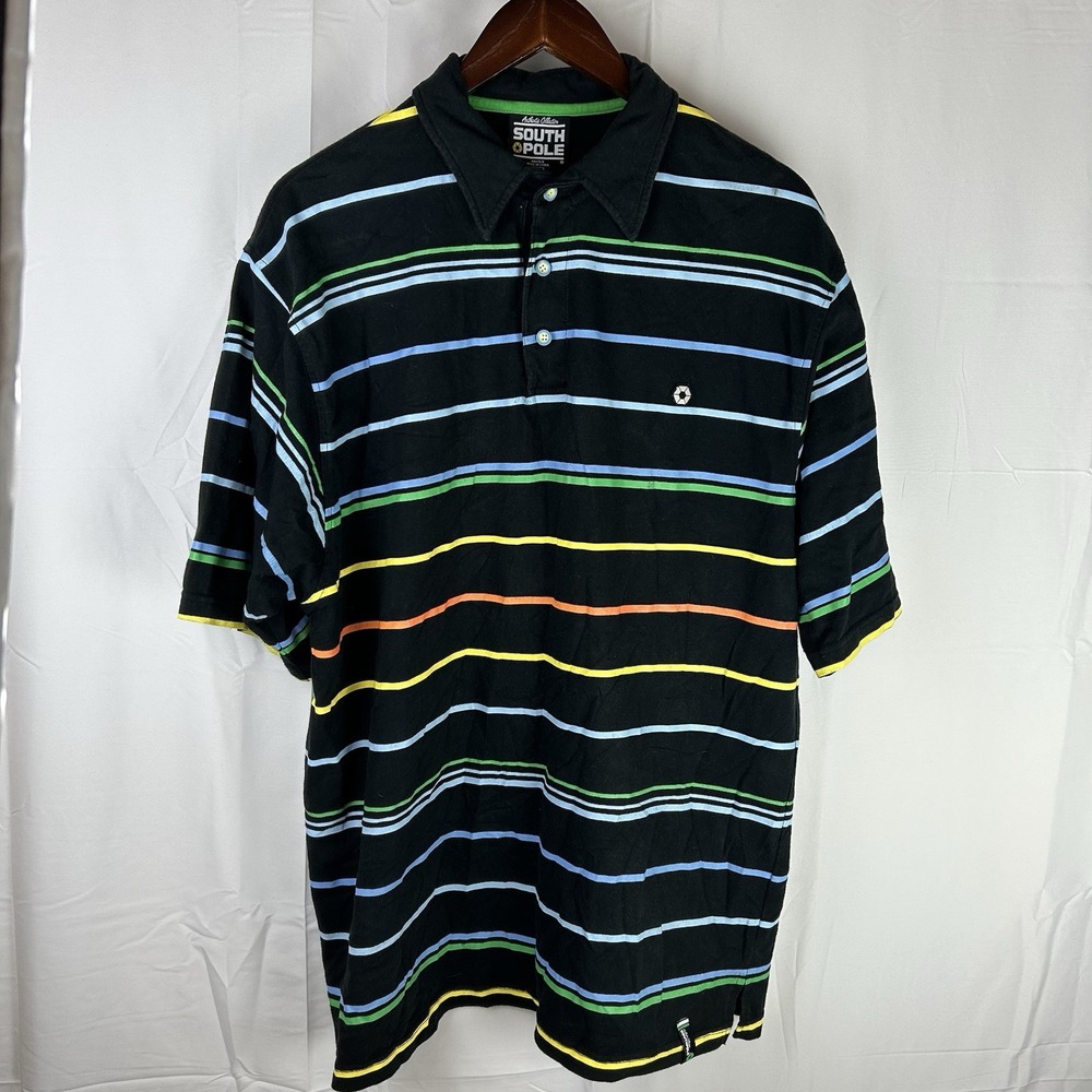 South Pole‎ Authentic Collection Mens Black Multicolor Striped Polo Shirt Sz XL